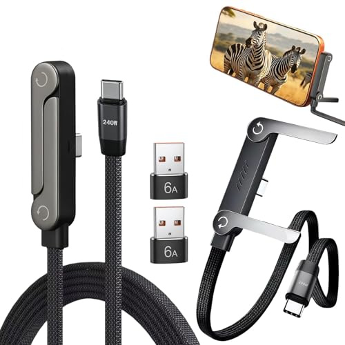 2 Cavi USB C 240W con Supporto, Ricarica Rapida 90° per Smartphone | Cavo USB C intrecciato in nylon con adattatore USB A, supporto pieghevole, compatibile con iPhone 17/16/15, Samsung Galaxy