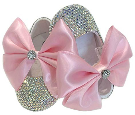 Zapatos de bailarina de cristal con diamantes de imitación boreal y rosa para bebé, para niña, zapatos de bautizo, ceremonia, cumpleaños, baby shower (0 – 3 meses (10 cm de longitud)