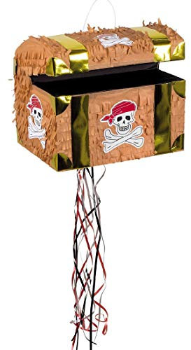 NET TOYS Aufregende Zug-Pinata Schatztruhe - Braun-Gold 30x26cm - Originelles Party-Zubehör Pull-Pinata Schatzkiste zum Befüllen - Der Hit für Kindergeburtstag & Kinderfest