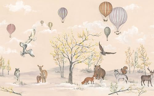 Komar Vlies Fototapete - Forest Expedition - Größe: 450 x 280 cm (Breite x Höhe) - Babytapete, Waldtiere, Luftballon, Kinderzimmer, Tapete - IAX9-0046