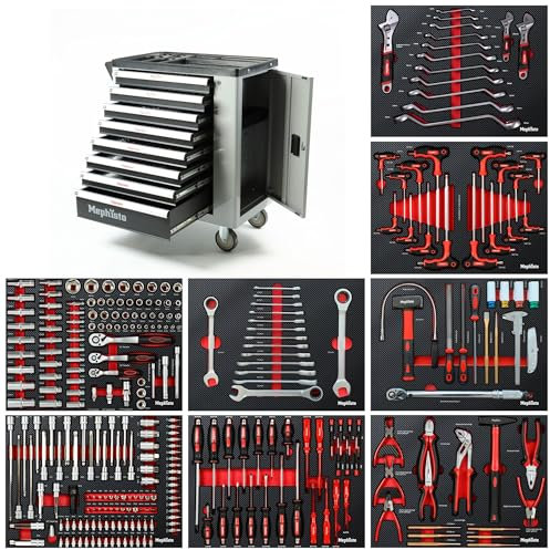 Mephisto Werkzeugwagen Werkstattwagen mit 8 Schubladen Davon 8 Schubladen mit Werkzeug wie Schraubenschlüssel, Ratsche mit Nusskasten, Engländern usw. in Soft Inlays in Carbonoptik gefüllt