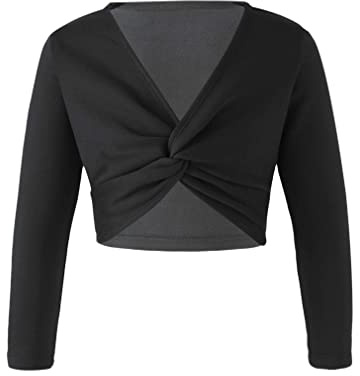 FEESHOW Kinder Mädchen Ballett Wickeljacke Langarm Wärme Samt Fleece Ballettjacke Gymnastik Tanz Strickjacke Pullover Top Ballettkleidung Schwarz 122-128