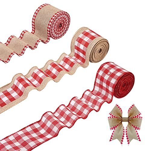Cheriswelry 3 Rollen Buffalo Plaid Bänder Kariert Sackleinen Band Flach Tartan Band für Weihnachten Handwerk Dekor Verpackung Nähen Haarschleife