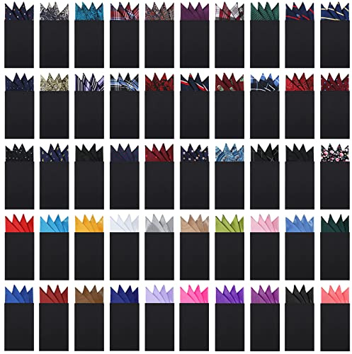 Xuhal 50 Pcs Men's Prefolded Pocket Squares Bulk Masculine Suit Handkerchief on Card Polyester Triangles Handkerchiefs for Men, 50 Patterns