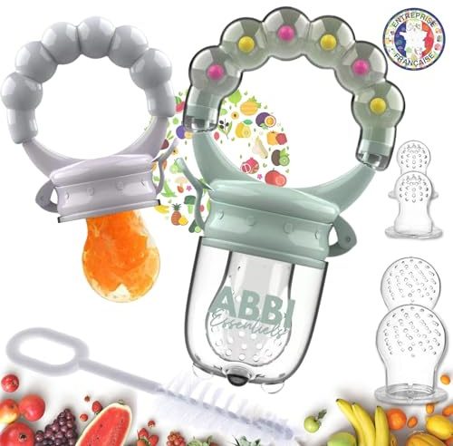 Fruchtsauger baby BPA-frei | Komplettset 2 Knabberer + 6 Schnuller [3 Größen] + Reinigungsbürste | ab 3 Monaten gemischte Farben | Diversifizierung Geschenk Baby Beißring Schnuller 1. Alter