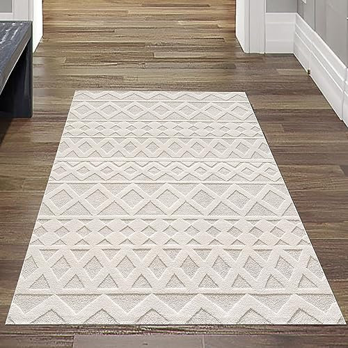 Teppich-Traum Flur Diele Läufer kurz Moderner Designerteppich Kurzflor Skandinavisches Rauten Muster Creme Boho Style 80x150 cm