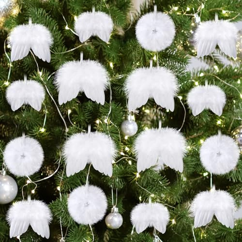 UXORSN Weihnachtsbaumschmuck Weiß 16 Stück Christbaumschmuck Engelsflügel | Anhänger Weihnachtsbaum Deko, Federn Hängende Ornament, Tannenbaumschmuck für Draußen Drinnen Weihnachten Hochzeit Party