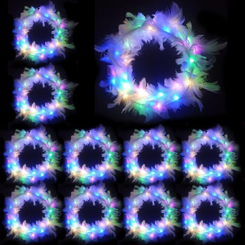 LED Feder Stirnbänder,10 Stück Haarkranz Feder,LED Blumenkranz,Leuchtende | Haarkränze,Leuchtendes Haarreif,Party Kopfschmuck Leuchtend,Blumenkranz Haare für Festivals Hochzeiten Party Zubehör
