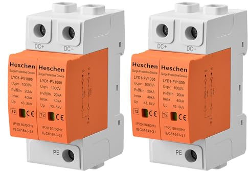 Heschen 2 Stück Überspannungsschutz, LYD1-PV1000, Typ2 1000VDC 20KA 2P, DC Ableiter, 35mm DIN-Schienenmontage,Breite Anwendungsmöglichkeiten für Photovoltaiksysteme