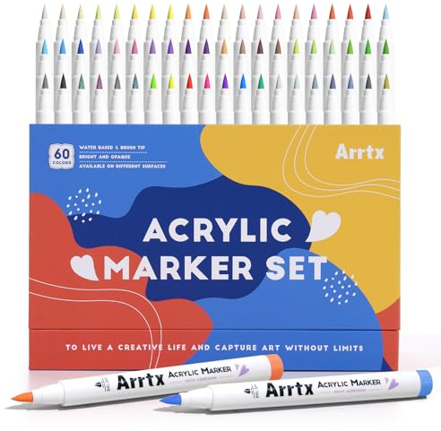 Arrtx Penne per pittura acrilica 60A, pennarello acrilico con punta a pennello per pittura su roccia, vetro, pietra, legno, ceramica, confezione regalo