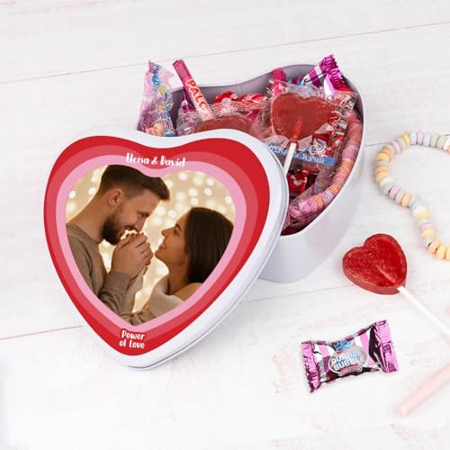 Wanapix | Herzf Blechdose mit Süßigkeiten | Personalisierte Mit Foto und Text | Mit 32 Süßigkeiten | Originelles Geschenk zum Valentinstag | 16x15x5 cm (800 ml) - Liebhaber