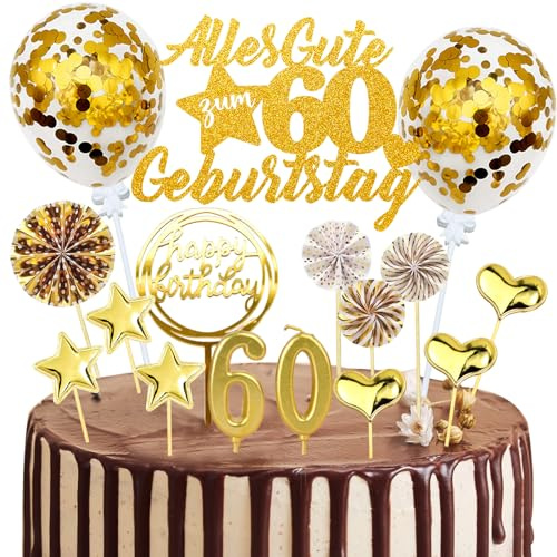 Tortendeko 60. Geburtstag Mann und Frau, 20 Stück Gold Kuchendeko Cake Topper Mit Glitzer Alles Gute, Geburtstagskerzen, Konfetti, Luftballons, Papierfächer