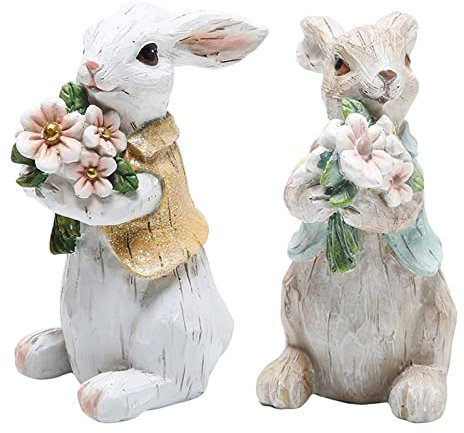 Duiaynke Hasen aus Kunstharz mit Blumen-Dekorationen, Frühlings-Oster-Dekorationen, Figuren für Party, Zuhause, Urlaub, 2 Stück