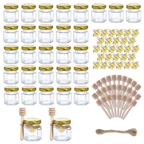 Sarini 30 Stück Mini-Honiggläser aus Glas, sechseckige Honiggläser mit Holzlöffel, 20 m Mini-Honiggläser, perfekt für Hochzeiten, Partygeschenke, Duschgeschenke