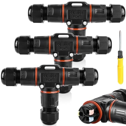 3-polig Kabelverbinder Wasserdicht IP68, T-Form Kabelverbinder Wasserdicht 3-polig Erdkabel Verbindungsmuffe für Ø3-12 mm Kabeldurchmesser, 2 Wege Wasserdichte Abzweigdose für Garten, Outdoor (3)