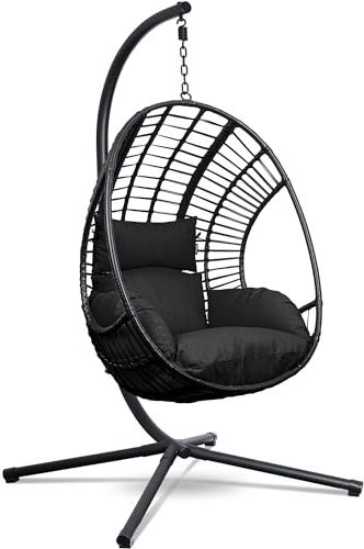 Swoods XXL Hängesessel mit Gestell - Hängesessel Für Indoor und Outdoor - Inkl. Kissen - Egg Chair - bis 150kg (Black)