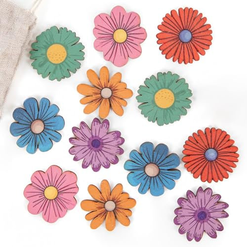 Logbuch-Verlag Lot de 12 fleurs en bois colorées - Fleurs plates en bois - Décoration de table - Fournitures de bricolage - Printemps été - 4 cm