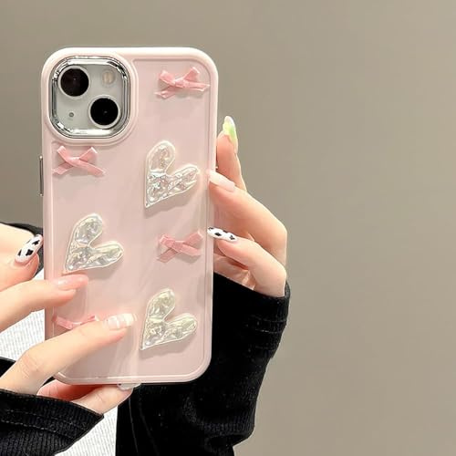 Custodia Fiocco e Cuori 3D Rosa Compatibile con iPhone 13 - Cover in TPU con Cornice Elettrolitica