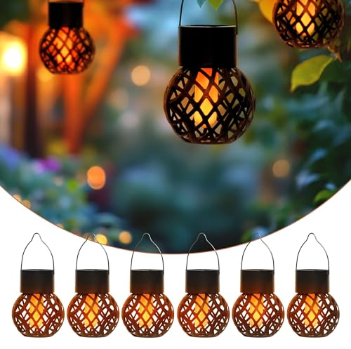 Solar Mini Hängeleuchten 9 x 7 cm mit Flammeneffekt - 6er Set - LED Laternen klein zum Hängen für Außen - Garten Deko Beleuchtung Solarlaterne Solarlampe Lampion Hängeleuchte