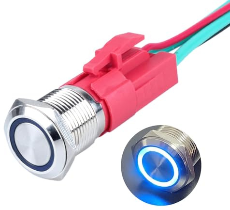 1 Stück Selbstverriegelnder LED-Druckknopfschalter, 230V/15A, Wasserdicht, 16mm Metalltaster mit Steckerkabel, Push-ON/Push-OFF