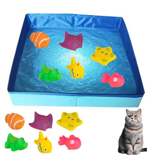 Katzenpool mit Spielzeug, 50x10cm Hundepool Klein Katzenpool Faltbar Planschbecken Hundebadewanne Wasserspielzeug Katze Schwimmbad Wasserspielzeug Schwimmbecken für Hunde Katzen (Blau)