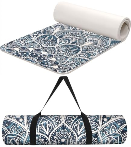 TechFit Tappetino Yoga Pilates Antiscivolo 173x61cm Spessore 0,6cm in PVC con Tracolla, Design Mandala Blu, Materassino Fitness Palestra Morbido Resistente