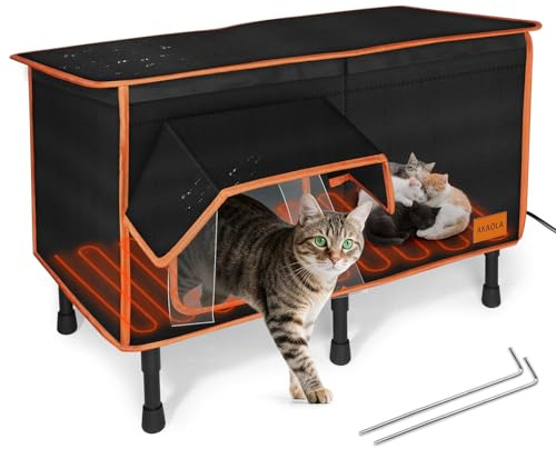 Heated Outdoor Cat House for Outside Winter 100% Waterproof Oxford Tarpaulin with Safe Escape Door and 5 Elevated Base with Heater for Feral Barn Cat Kitty (26“x20”x14“)