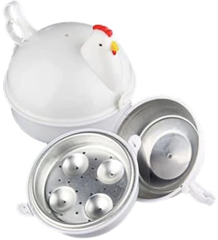 Helilyco Caldera de huevos con forma de gallina para microondas, capacidad para 4 huevos, plástico sin BPA, con función de desprendimiento de cáscara, color blanco