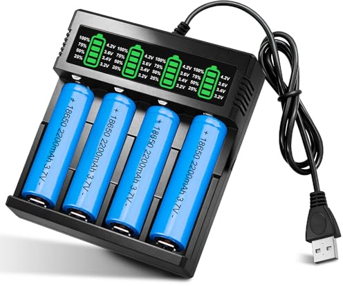 18650 Battery Charger Set with 4 Pack 3.7V 2200mAh Pointed Batteries, SGZIOO 18650 Rechargeable Battery, USB 4 Slot Charger with LCD Display Smart, for 26650 21700 14500 18650