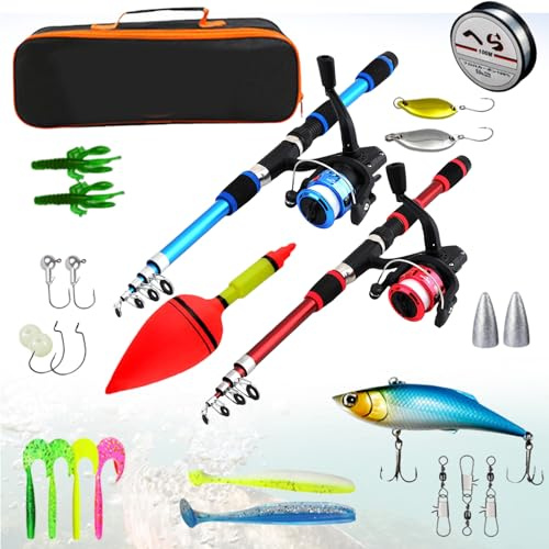 Set da pesca per bambini, 2 set di canne da pesca per bambini con mulinello e esche, canna telescopica da 1,8 m, set di pesca per bambini con borsa, set da pesca portatile per bambini, accessori da