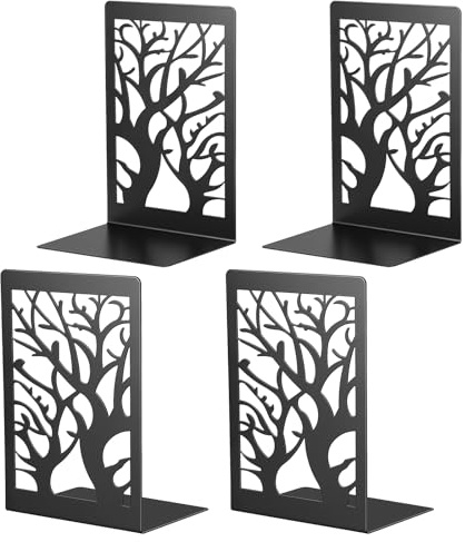JIANTA Metallbokstöd, Dekorativa Bokstöd i Trädform för Hyllor, Svarta Halksäkra Hyllstöd för Hem, Kontor, Bibliotek, Skola (12 x 16 x 9,5 cm, 4 Stycken)