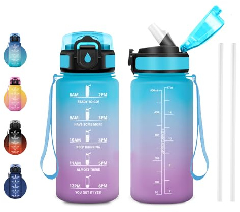 JAPORIA Borraccia 500ml, Borraccia con Cannuccia e Marcatori Temporali, Motivazionale, A Prova di Perdite, Riutilizzabile, senza BPA, per Ufficio, Campeggio