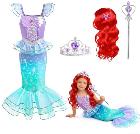 FainFun 4-delat set sjöjungfrusdräkt för flickor, sjöjungfruklänning flicka, sjöjungfrukostym flicka karneval för karneval, halloween, maskerad, andra festligheter (B, 110)