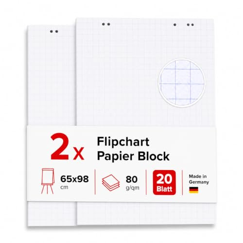 Conipa Flipchart Papier blanko & kariert, 2 Blöcke à 20 Blatt, 65×98 cm | Flipchartpapier 80 g/m² mit 6-fach Universallochung und Perforation, für gängige Flipchart-Ständer in Meetings & Workshops