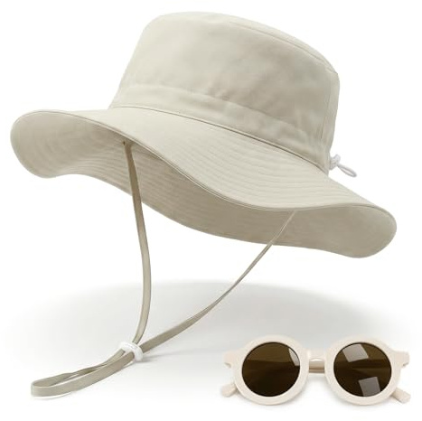 ZAHRVIA Bob Bébé avec Lunettes de Soleil Set, Chapeau Anti UV Bébé Fille Garçon UPF 50+, Bob Enfant Été avec Mentonnière, 3 Tailles pour 6 Mois - 8 Ans, Chapeau Soleil Bébé