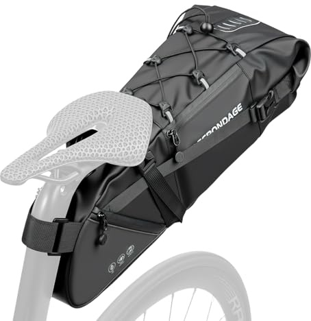 Satteltasche Fahrrad 12L, Fahrradtasche Sattel 100% Wasserdicht, Bikepacking Tasche mit Seitenfächern, Schwarz Fahrrad Sitztasche, Rennrad Satteltasche für Gepäckträger, MTB, Gravelbike & Trekking