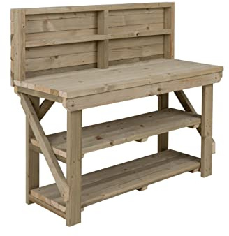 Arbor Garden Solutions Heavy Duty Workbench with Double Shelf & Back Panel, Pressure Treated Timber Garage Table - 3ft (90cm)