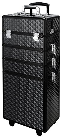 Makeup Train Case, WarmieHomy 4 in 1 Aluminum Rolling Vanity Makeup Trolley Case Professional Beautician Artist Travel Jewellery Box Cosmetic Organiser Black w/ 2 Wheels(Diamond Black)