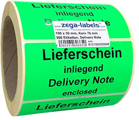 Warnetiketten auf Rolle - Lieferschein inliegend/Delivery Note enclosed - 500 Stück je Rolle - 100 x 50 mm - Leuchtgrün Haftpapier stark haftend - Versandaufkleber grün