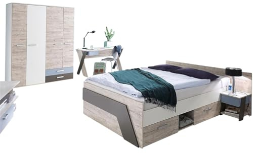 Lomadox Jugendzimmer Kinderzimmer Komplett Set, Eiche mit weiß Lava blau, 140x200 cm Kojenbett, Kleiderschrank, Schreibtisch, Nachttisch