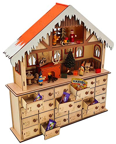 Wichtelstube-Kollektion Weihnachtskalender 2025, Adventskalender 2025 zum Befüllen, großer XXL Echtholz Adventskalender aus Holz beleuchtet mit Timer Batteriebetrieben wiederverwendbar LED Beleuchtung