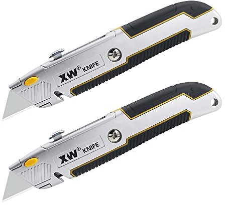 XW Retractable Utility Knife, Heavy Duty Zinc Alloy Box Cutter with Total 10 PCS Blades, 2-Pack