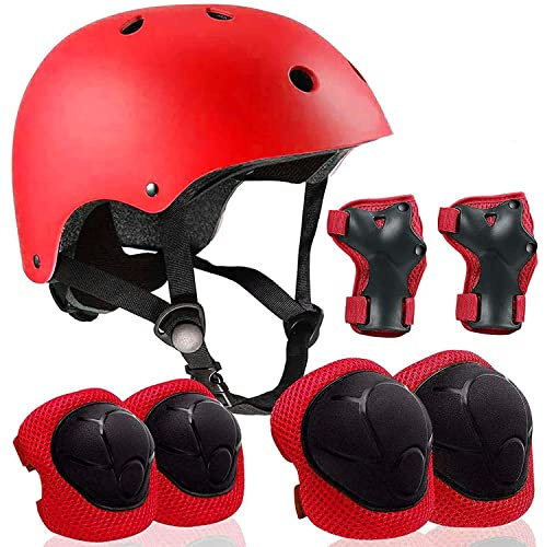 7 in 1 Schoner Set Kinder mit Helm für 3-8 Jahre, Einstellbar Protektoren Set Inliner Kinder mit Knieschoner Handgelenkschoner Ellenbogenschoner für Skate Skateboard Roller Radfahren (Rot)