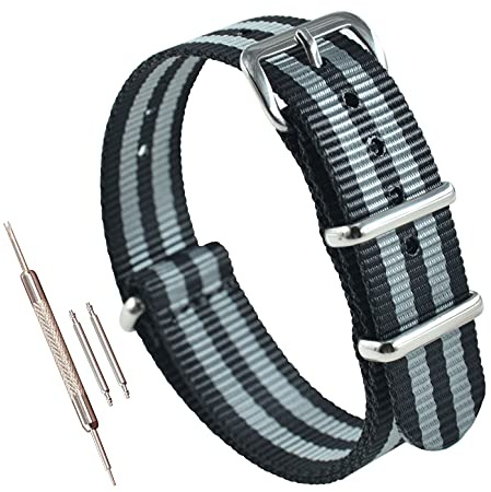 MZBUTIQ 14mm Nero/grigio Cinturini per Orologio Nylon Donna Militare 4 Anelli Extra Lungo