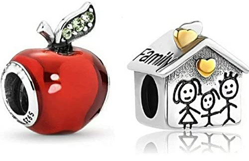 Mar's Designs - Deux breloques originales en argent sterling compatibles avec Pandora. Maison familiale et pomme rouge en argent sterling. Cadeaux pour votre mère anniversaire. Pour bracelets de fête