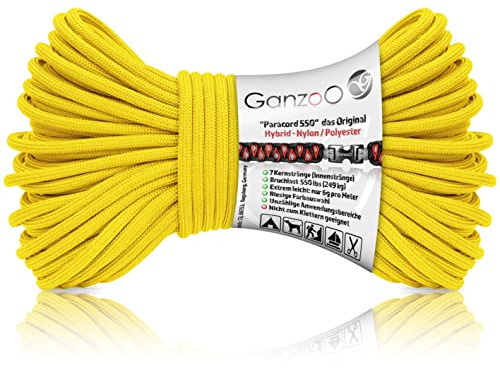 Ganzoo Paracord 550 Seil 4mm Typ 3, Banana-gelb, 30 m, Hybrid aus Nylon-Polyester mit 32-litzigem Außenmantel, 7 Innensträngen, ca. 250 kg Bruchlast, Schnur für Outdoor, Camping, Hund & DIY