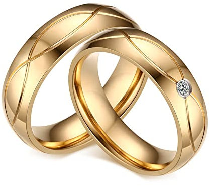 Paarringe mit Gravur Edelstahl, Trauringe Gold Paarpreis 5MM Breite Poliert Runden Zirkonia Partnerringe Paarpreis Damen Gr. 54 (17.2) & Herren Gr. 65 (20.7)