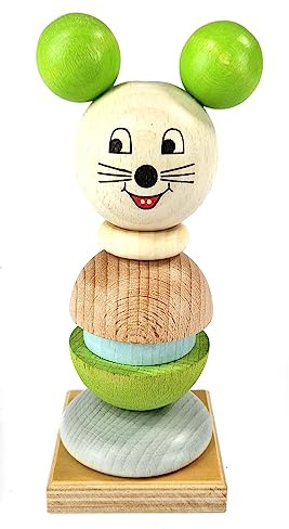 Hess Holzspielzeug 14979 - Stapelspiel aus Holz, Motiv Mäuschen, handgefertigt, für Kinder ab 3 Jahren, Turm mit Ringen und Kugelkopf