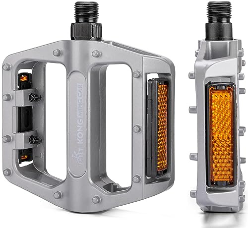 KONG MING CAR Pédales de vélo, Pédales de VTT Antidérapantes en Aluminium avec Réflecteurs, 9/16 Pouces du Stock pédales de Plate Forme de vélo pour BMX,MTB,vélos de Course (Argent)