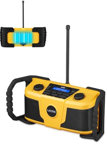 UEME Baustellenradio DAB Plus Radio Mit Akku,Outdoor Radio Mit Bluetooth, DAB+, FM Und Aux, Radiowecker, Inklusive DC Netzkabel (Gelb-Schwarz)